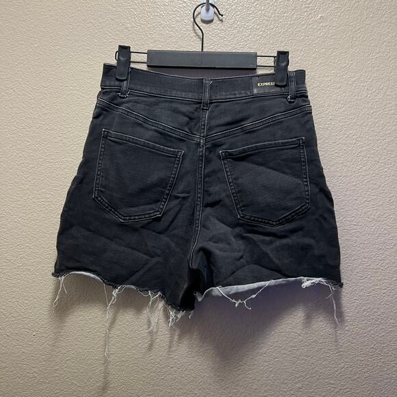 Express Midi High Rise Shorts Black Denim Jeans Cotton Stretch Dark Wash Sz 4 - Picture 3 of 9